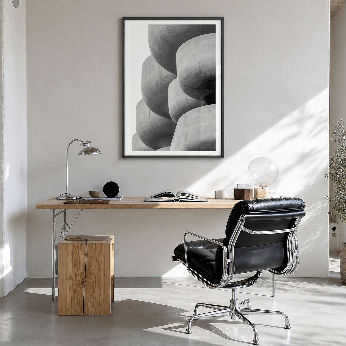 Architecture Photo No 5 Poster in a black wood frame, hanging in a bright home office, white border