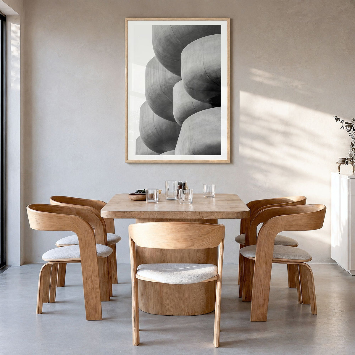 Architecture Photo No 5 Poster in a natural wood frame, hanging in a dining room, white border