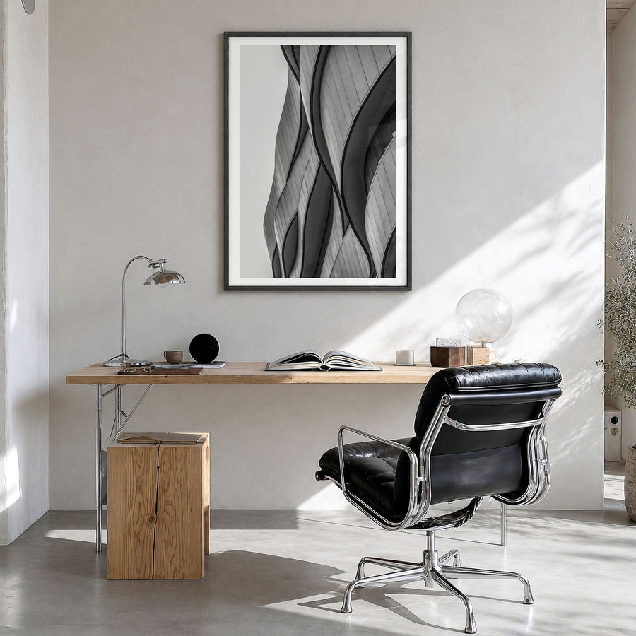Architecture Photo No 6 Poster in a black wood frame, hanging in a bright home office, white border