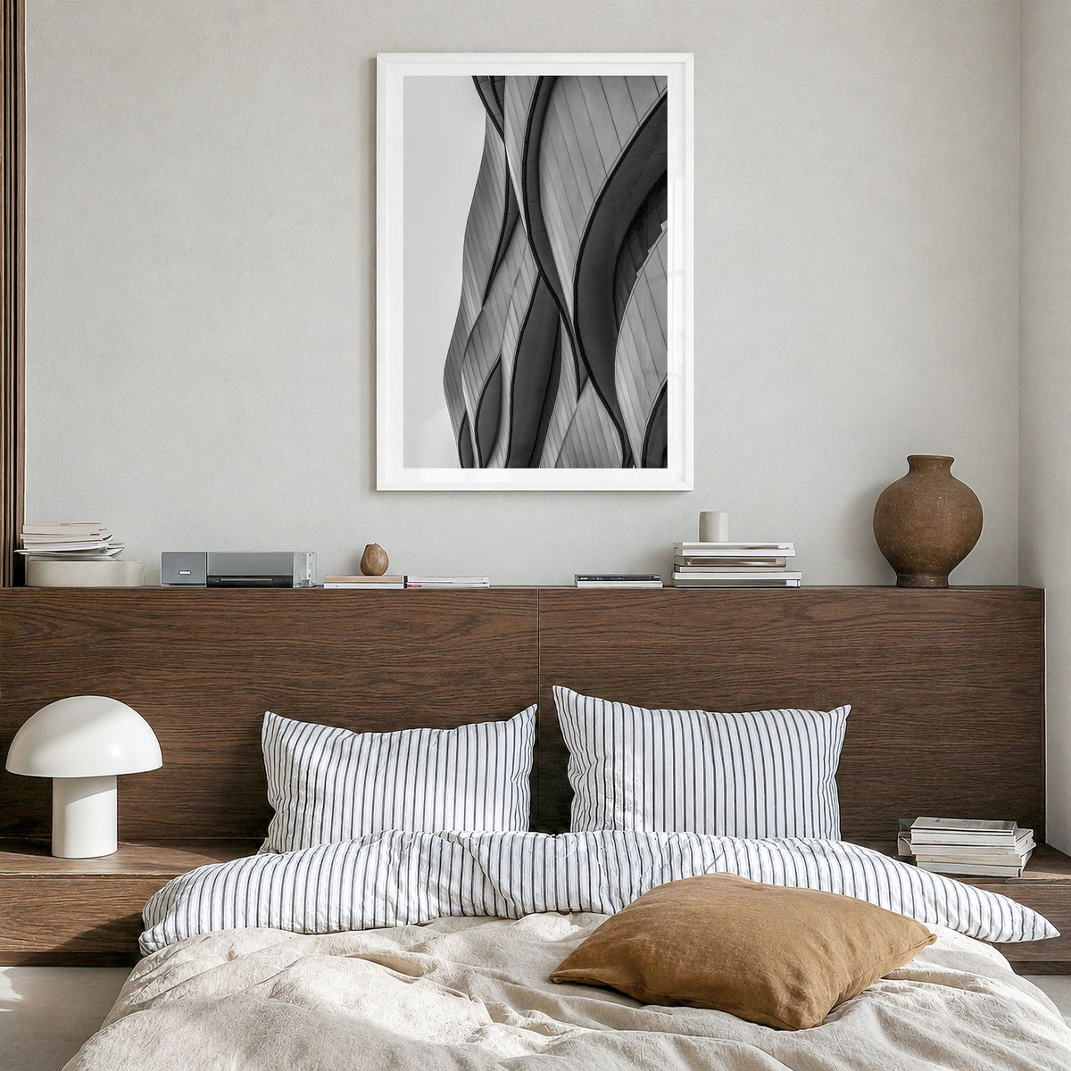 Architecture Photo No 6 Poster in a white wood frame, hanging in a bedroom, white border