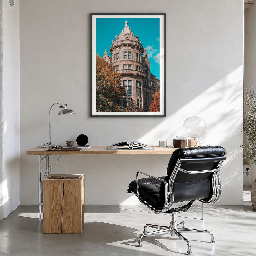 Architecture Photo No 5 Poster in a black wood frame, hanging in a bright home office, white border
