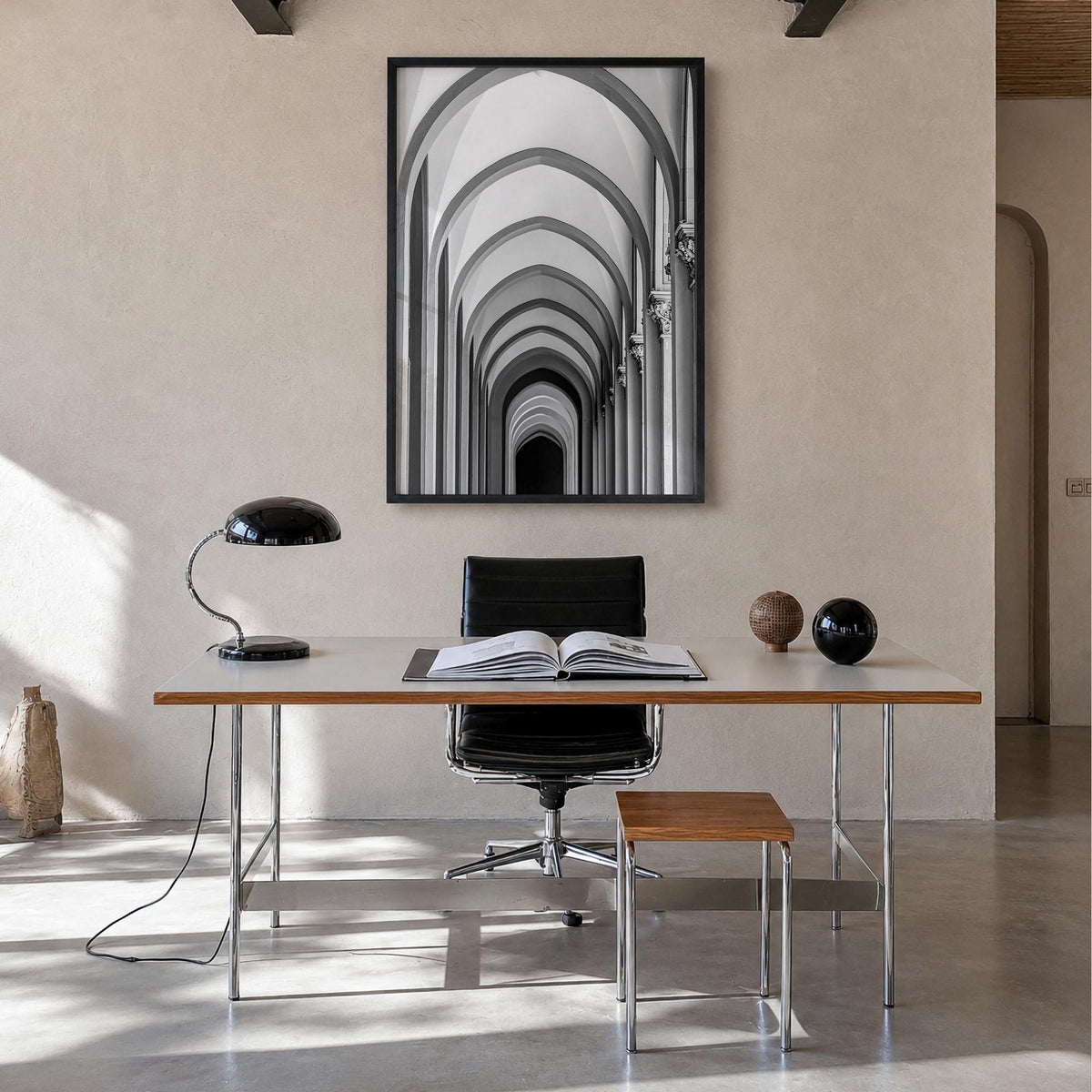Archway no. 1 black & white photo poster – vertical wall art in black wood frame, hanging on wall