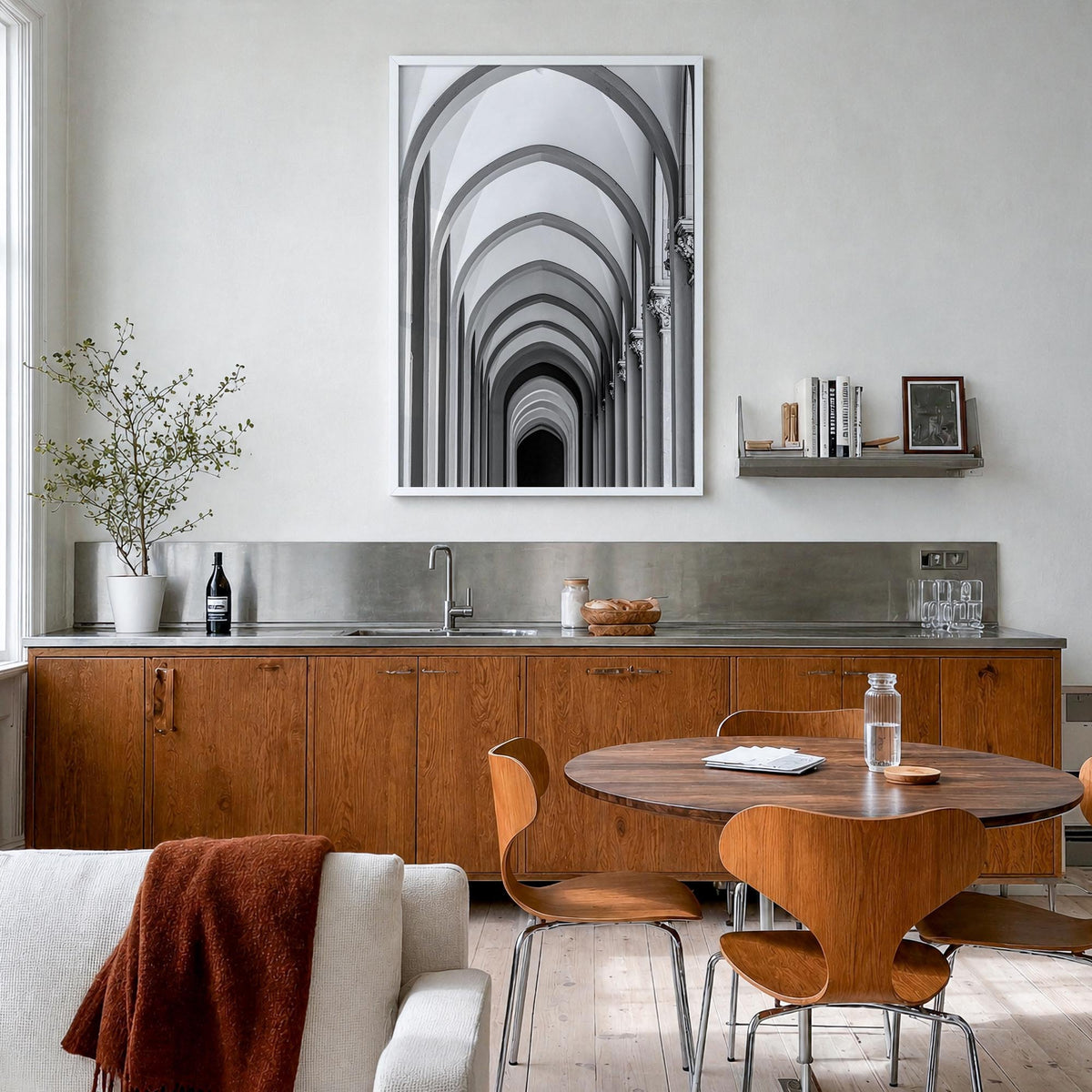 Archway no. 1 black & white photo poster – vertical wall art in white wood frame, hanging on wall