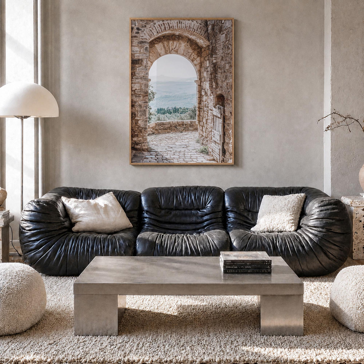 Archway no. 1 colorful photo poster – vertical wall art in natural wood frame, hanging on wall