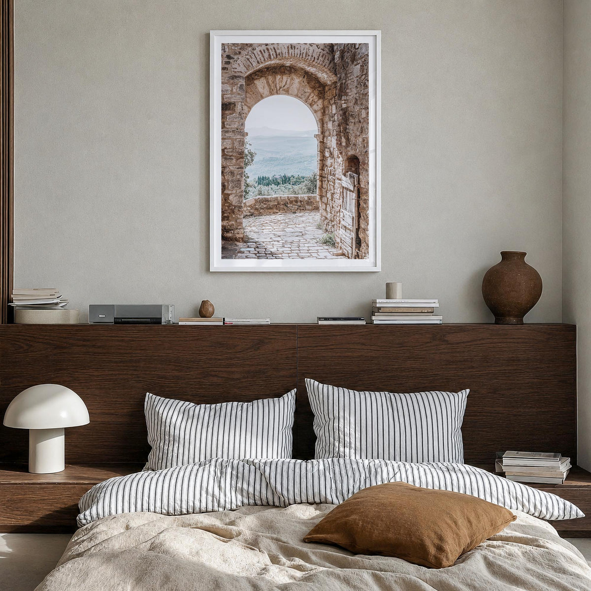 Archway no. 1 colorful photo poster – vertical wall art in white wood frame with white border, hanging on wall