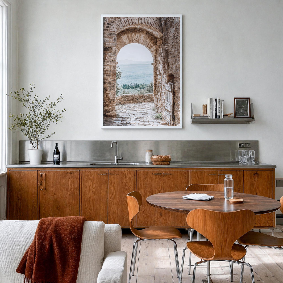 Archway no. 1 colorful photo poster – vertical wall art in white wood frame, hanging on wall