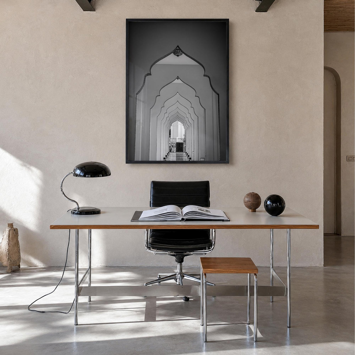 Archway no. 2 black & white photo poster – vertical wall art in black wood frame, hanging on wall