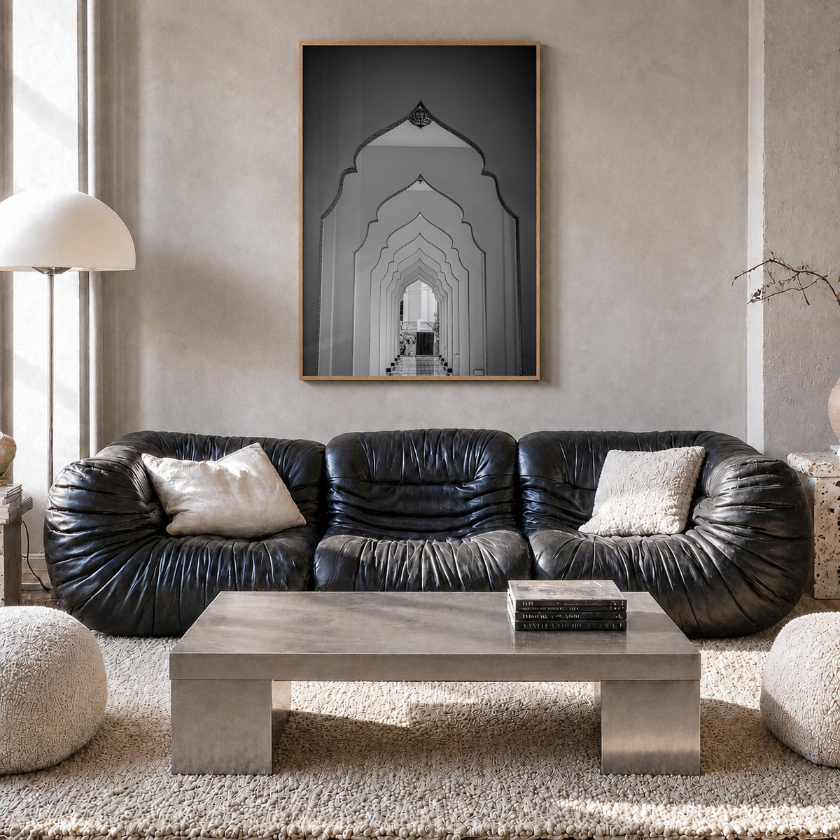Archway no. 2 black & white photo poster – vertical wall art in natural wood frame, hanging on wall