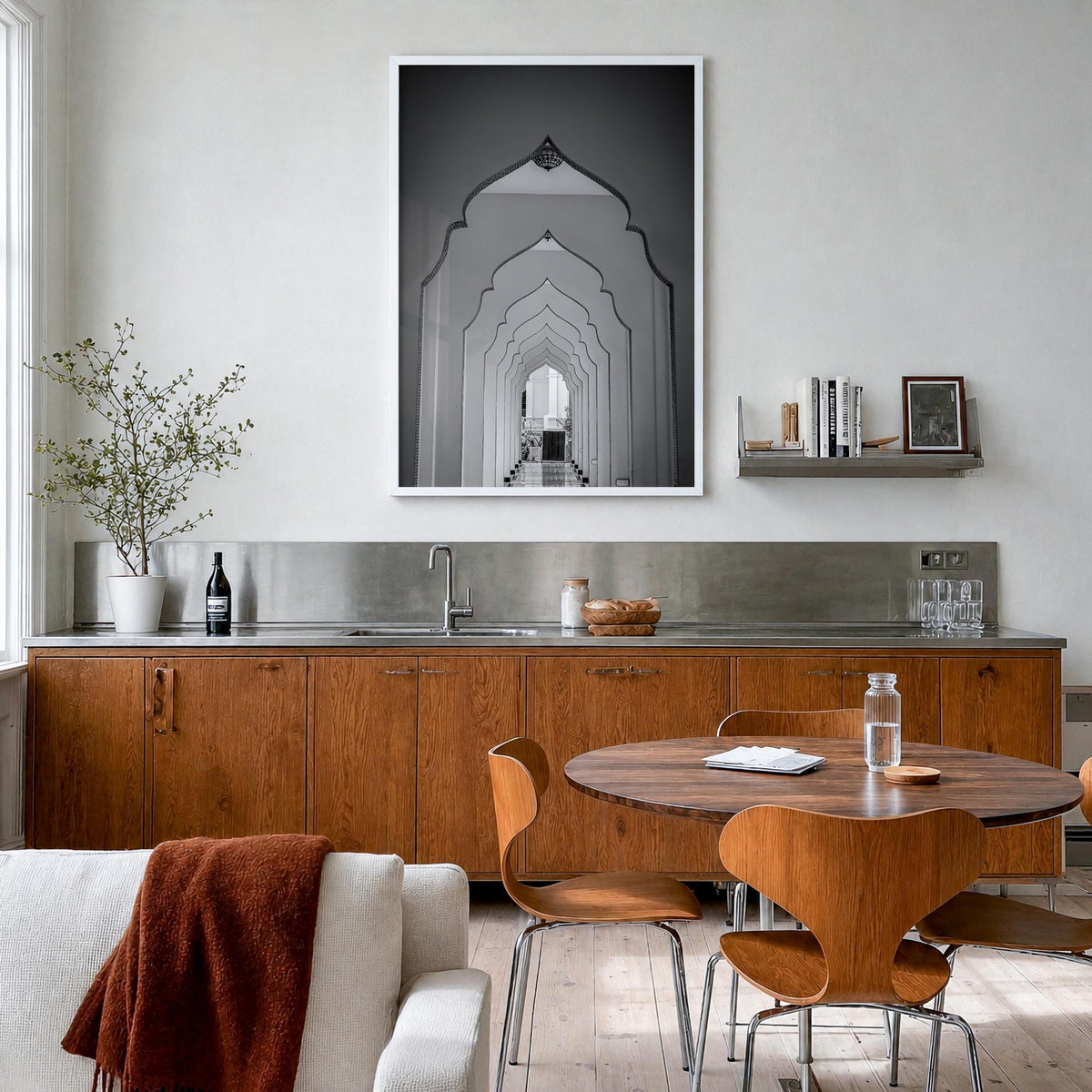 Archway no. 2 black & white photo poster – vertical wall art in white wood frame, hanging on wall