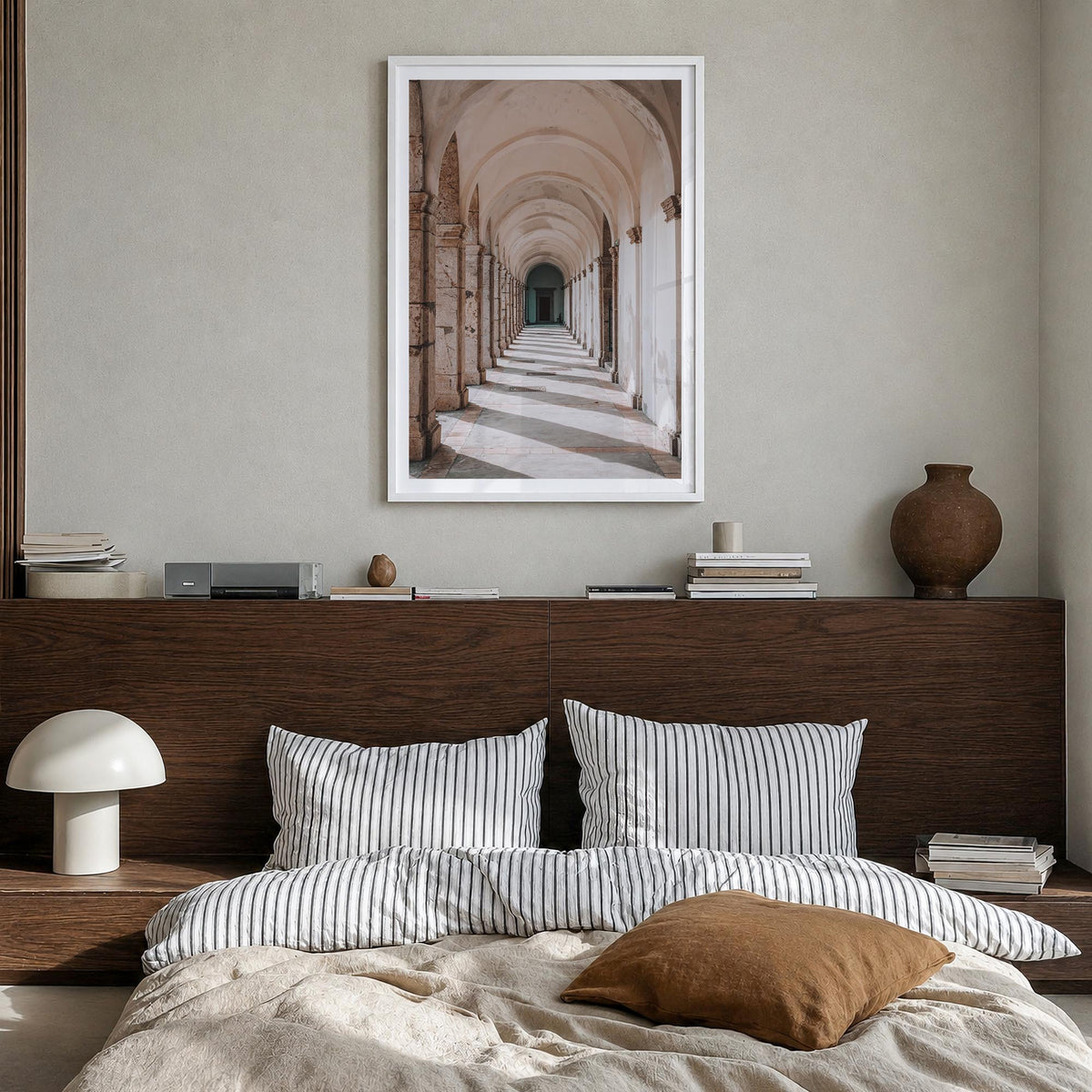 Archway no. 2 colorful photo poster – vertical wall art in white wood frame with white border, hanging on wall