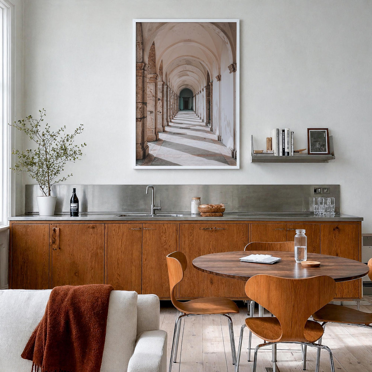 Archway no. 2 colorful photo poster – vertical wall art in white wood frame, hanging on wall