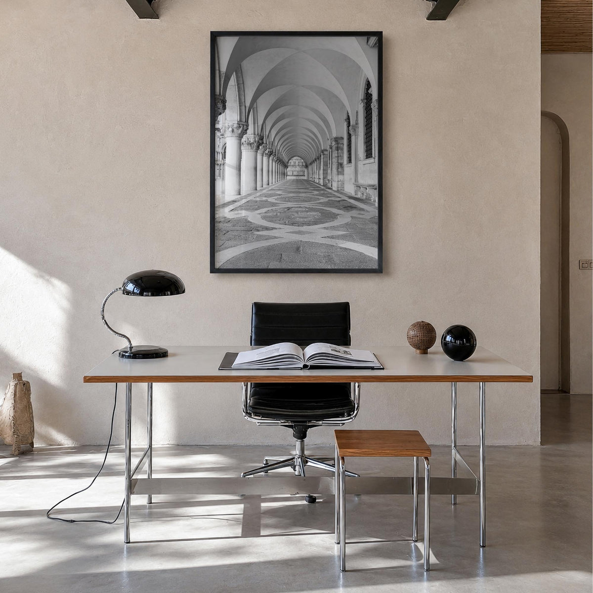 Archway no. 3 black & white photo poster – vertical wall art in black wood frame, hanging on wall