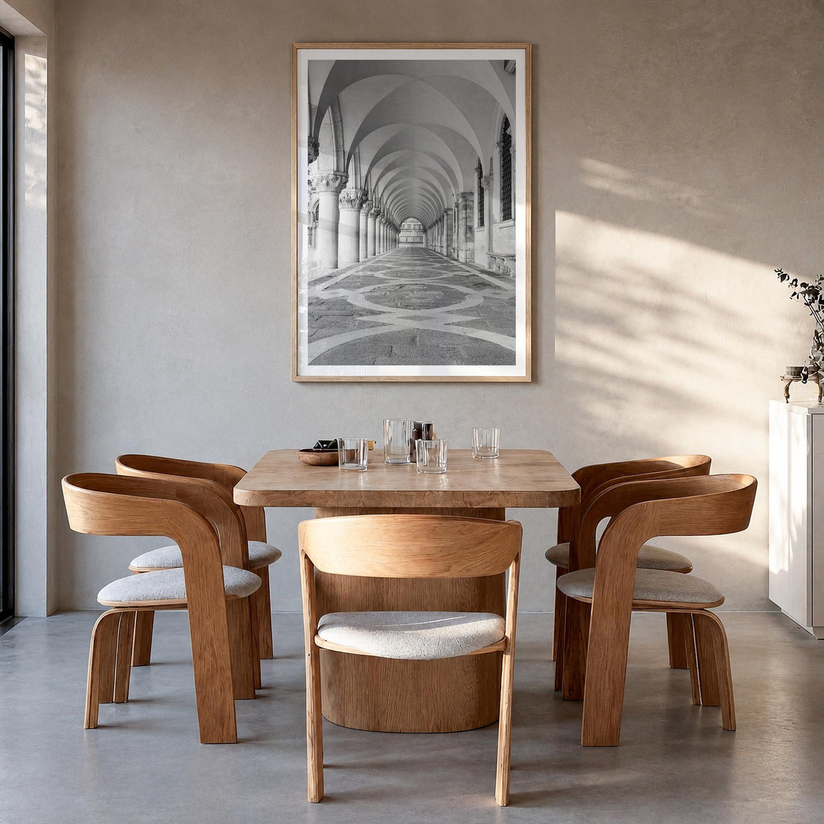 Archway no. 3 black & white photo poster – vertical wall art in natural wood frame with white border, hanging on wall
