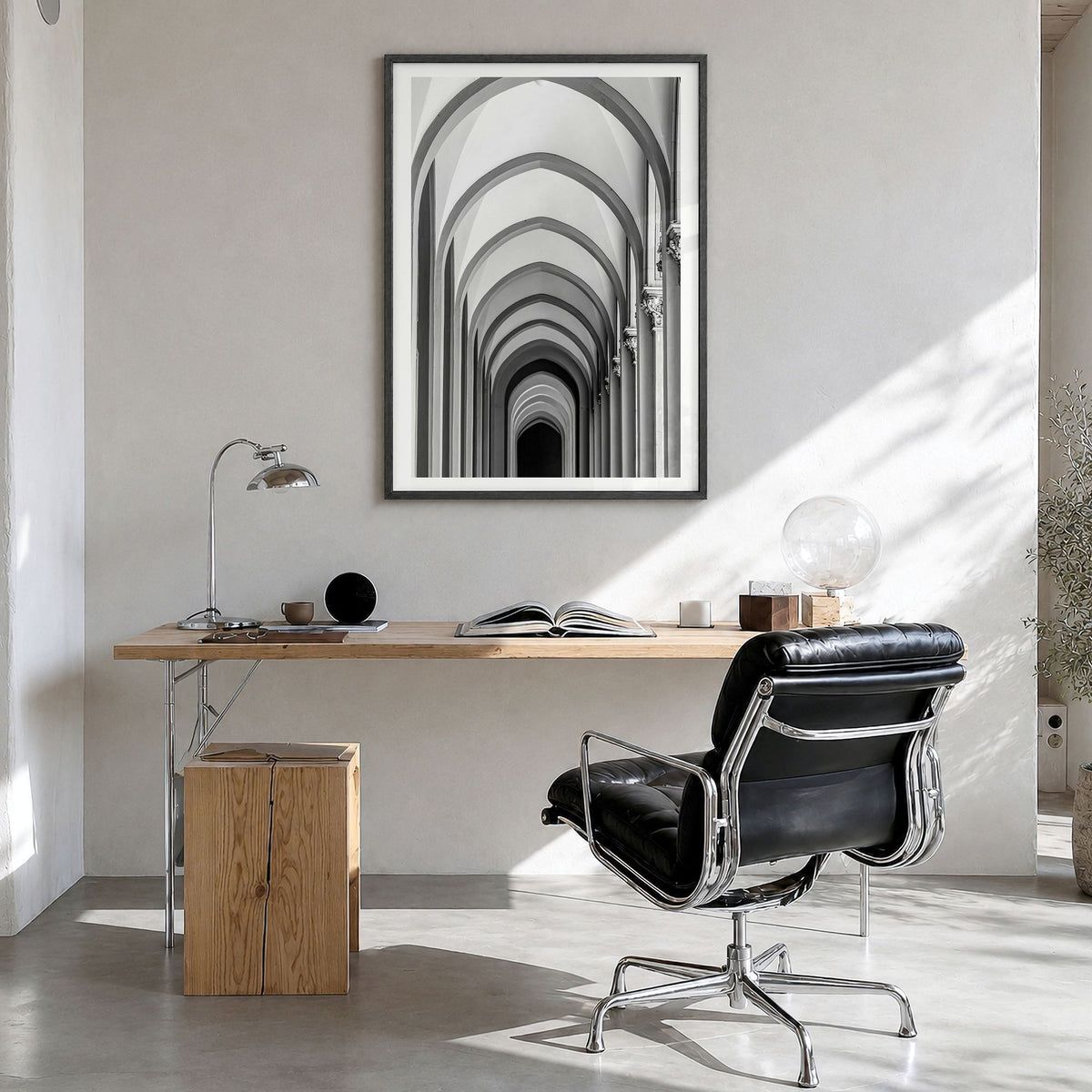 Archway Photo No 1 Poster in a black wood frame, hanging in a bright home office, white border