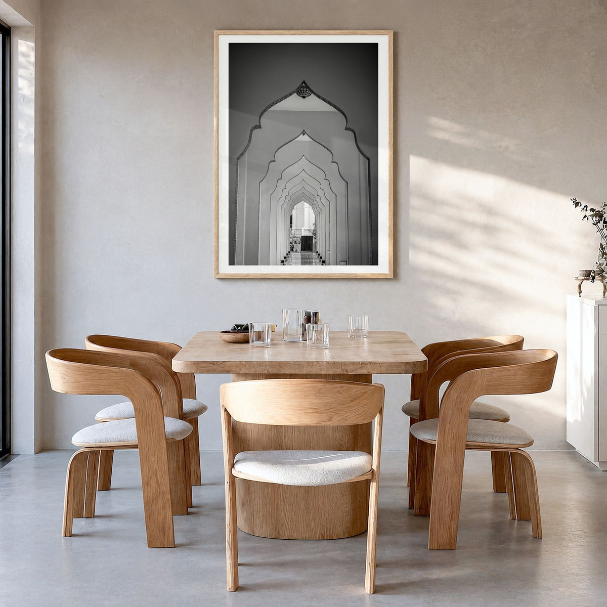 Archway Photo No 2 Poster in a natural wood frame, hanging in a dining room, white border