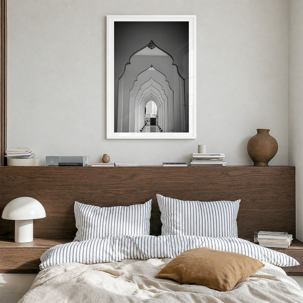 Archway Photo No 2 Poster in a white wood frame, hanging in a bedroom, white border