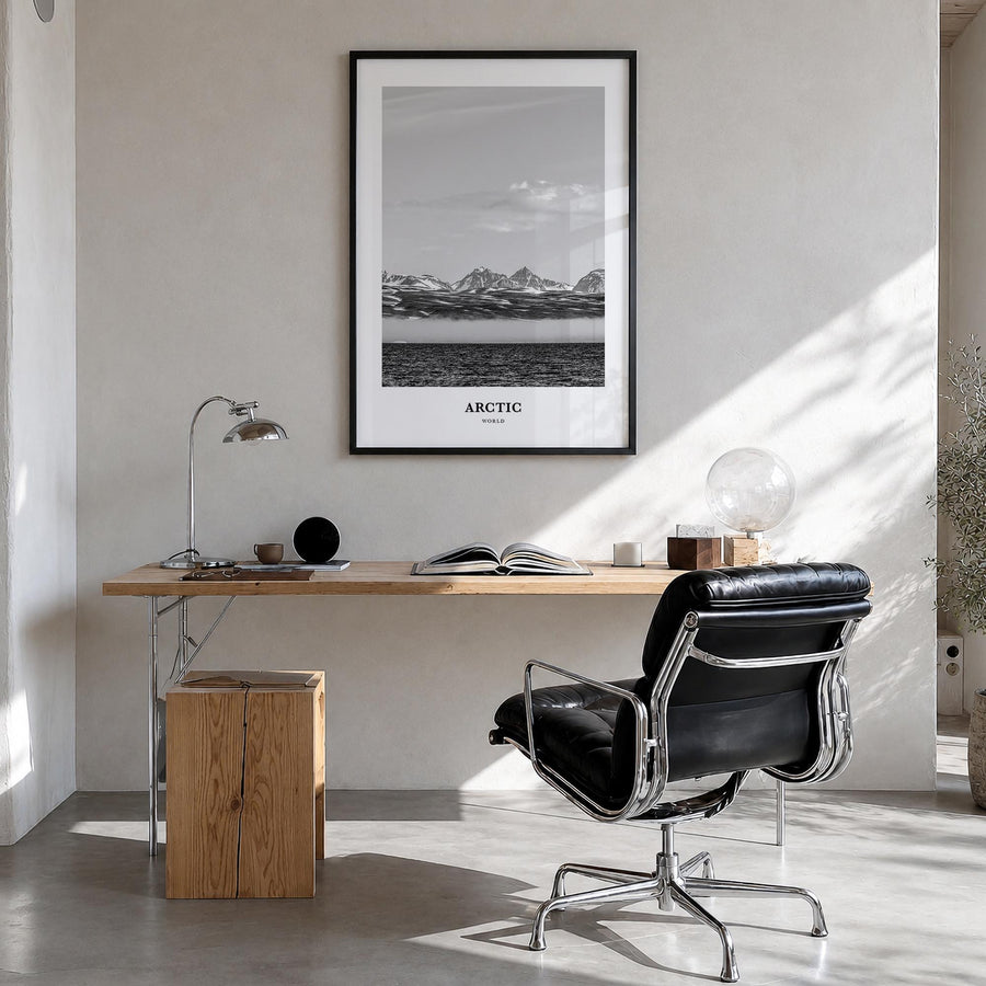 Arctic black & white classic poster – vertical wall art in black wood frame, hanging on wall