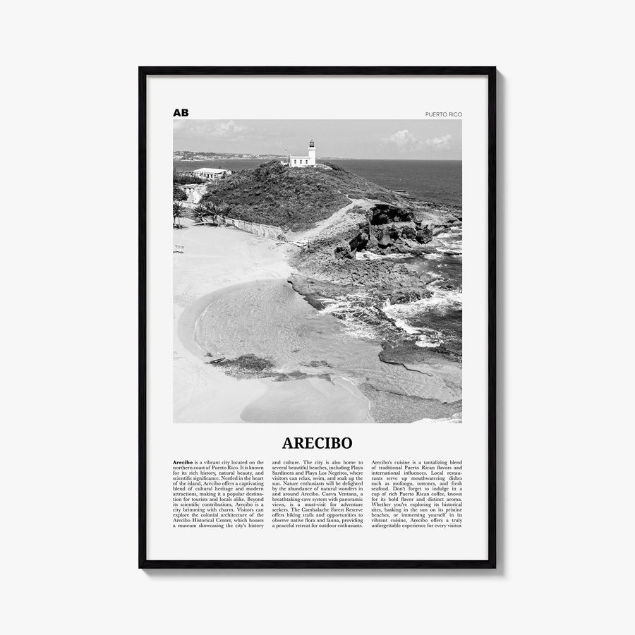 Arecibo no. 1 black & white newspaper poster of Puerto Rico – vertical wall art, unframed print shown in interior mockup