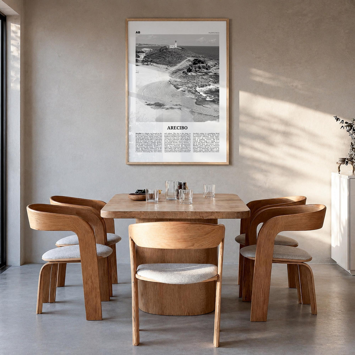 Arecibo no. 1 black & white newspaper poster of Puerto Rico – vertical wall art in natural wood frame, hanging on wall