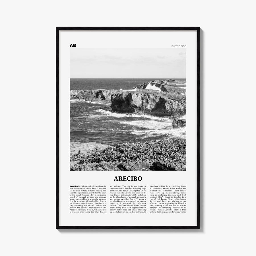 Arecibo no. 2 black & white newspaper poster of Puerto Rico – vertical wall art, unframed print shown in interior mockup