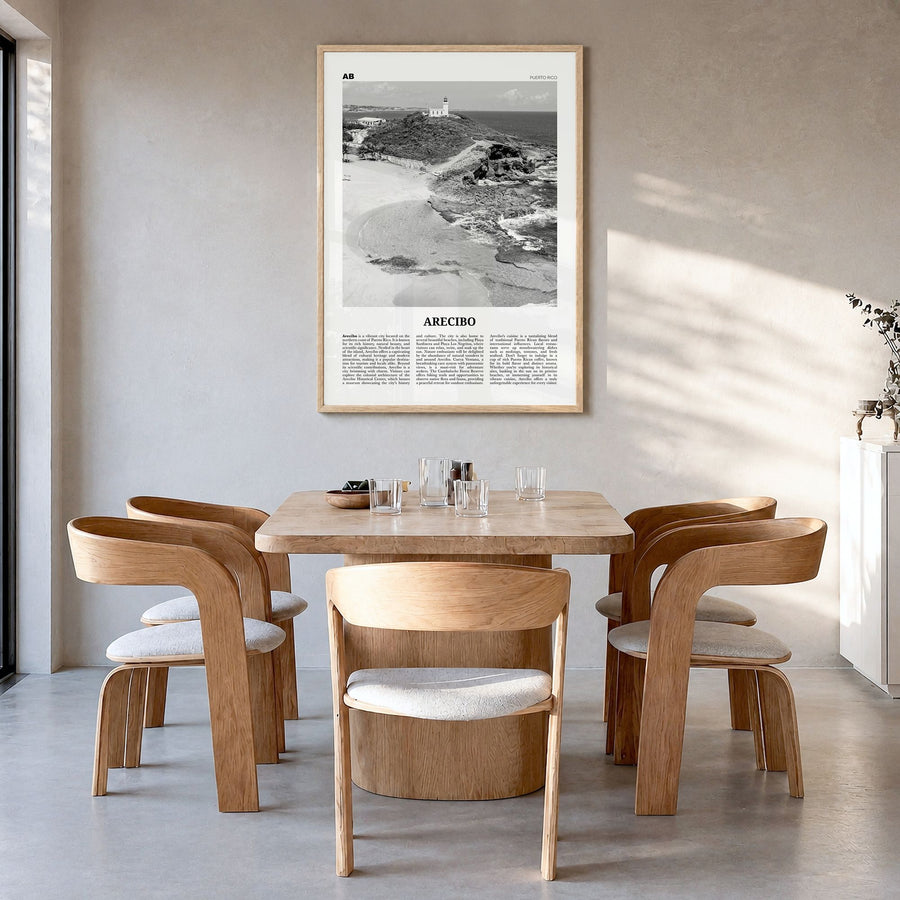 Arecibo Newspaper No 1 Poster in a natural wood frame, hanging in a dining room