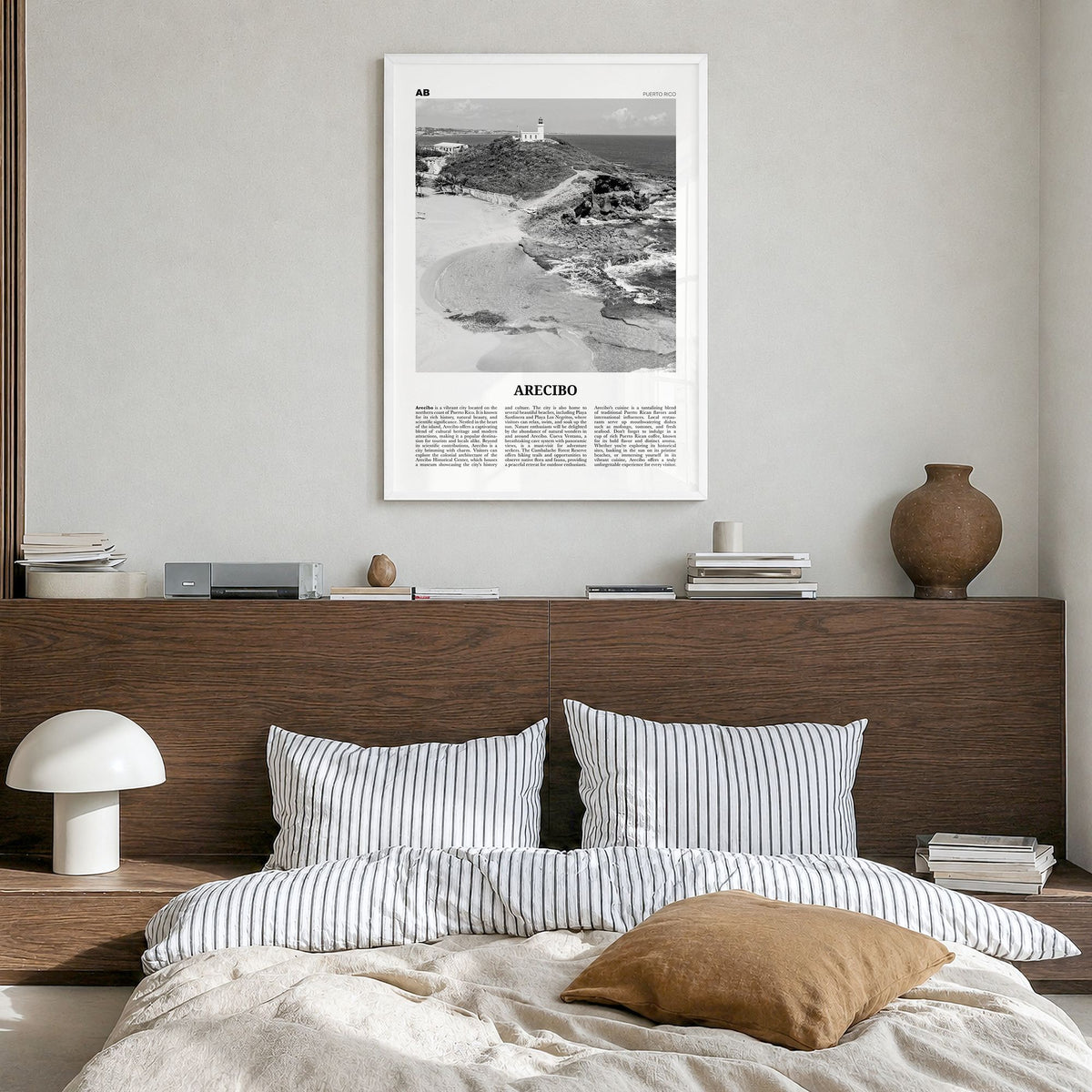 Arecibo Newspaper No 1 Poster in a white wood frame, hanging in a bedroom
