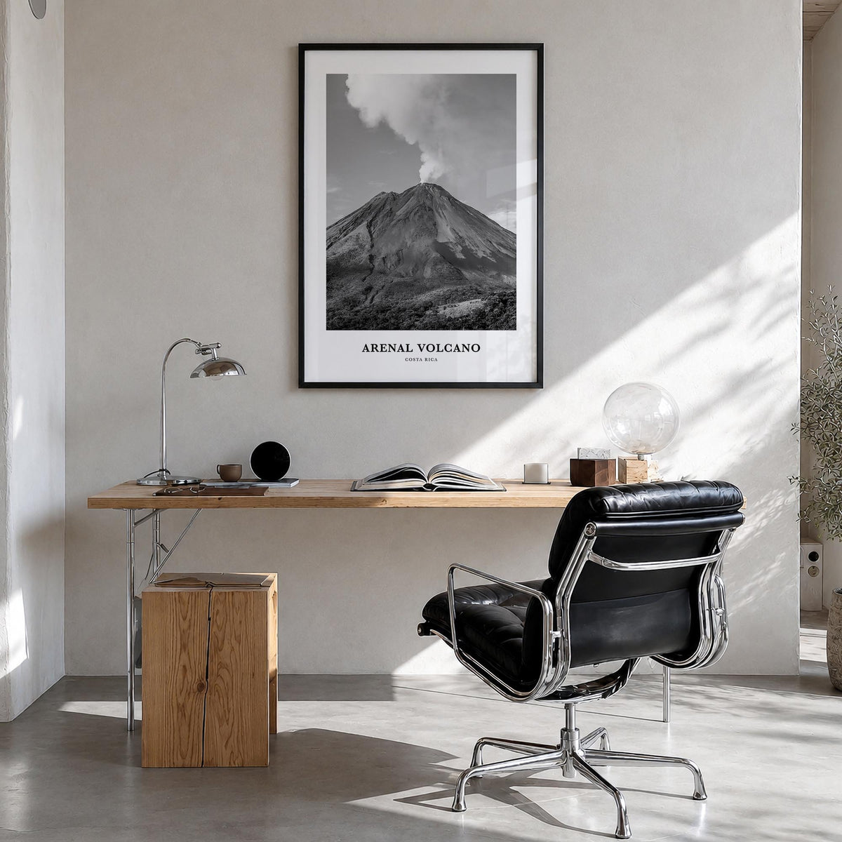 Arenal Volcano National Park black & white classic poster of Costa Rica – vertical wall art in black wood frame, hanging on w