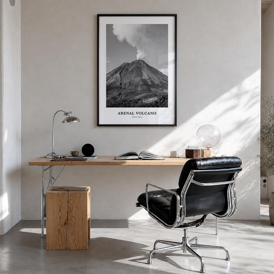 Arenal Volcano National Park black & white classic poster of Costa Rica – vertical wall art in black wood frame, hanging on w