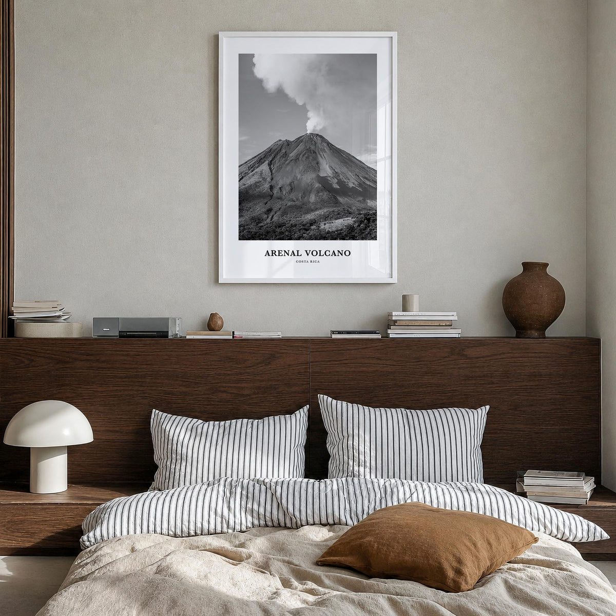 Arenal Volcano National Park black & white classic poster of Costa Rica – vertical wall art in white wood frame, hanging on w