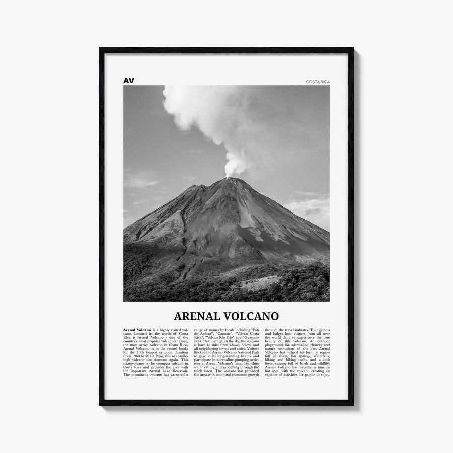 Arenal Volcano National Park black & white newspaper poster of Costa Rica – vertical wall art, unframed print shown in interi