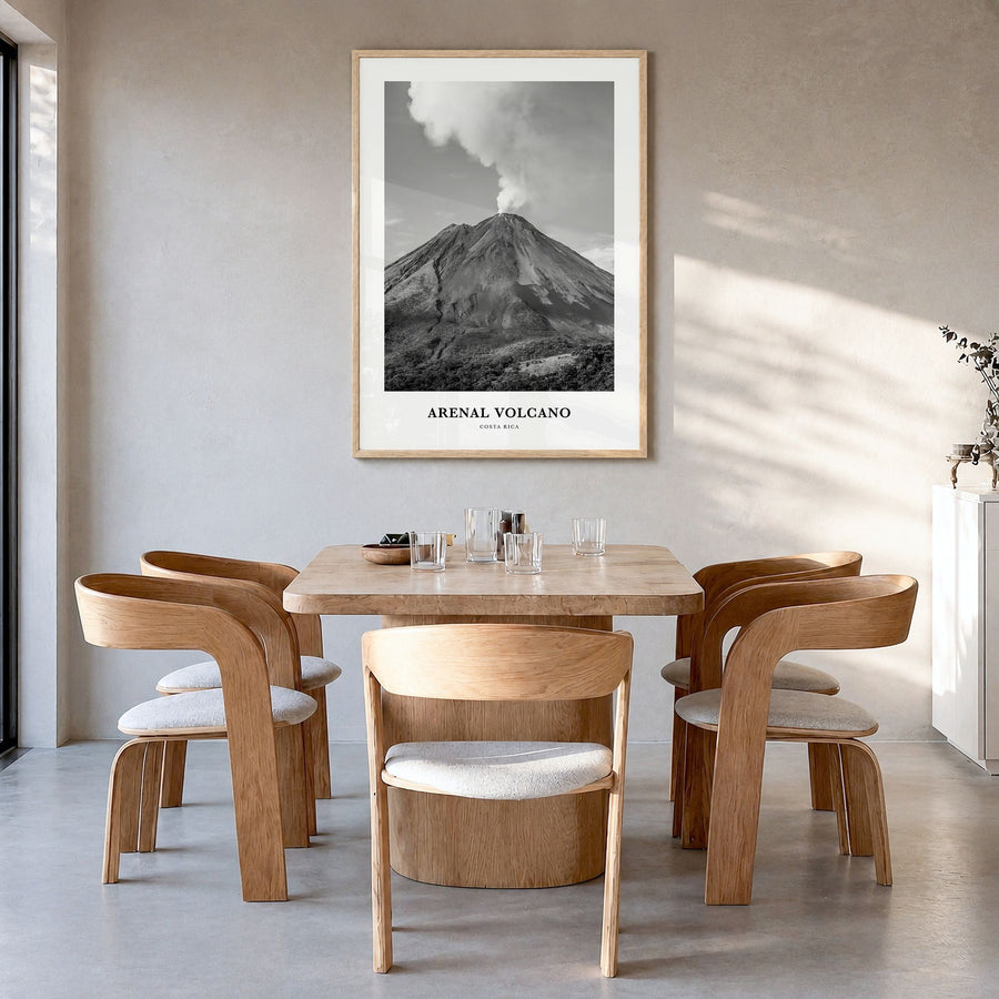 Arenal Volcano National Park Classic Poster in a natural wood frame, hanging in a dining room