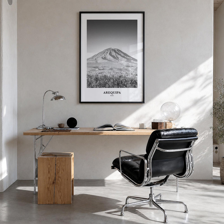 Arequipa black & white classic poster of Peru – vertical wall art in black wood frame, hanging on wall