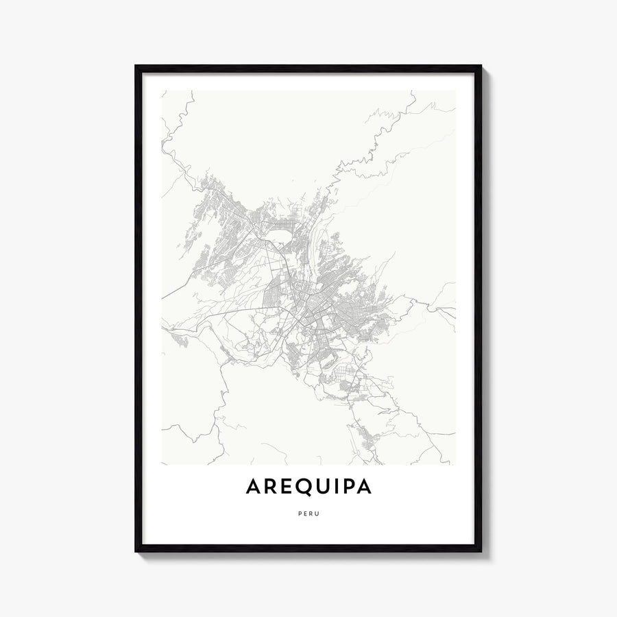 Arequipa black & white map poster of Peru – vertical wall art, unframed print shown in interior mockup