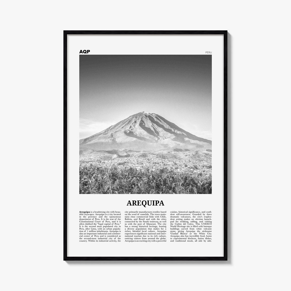 Arequipa black & white newspaper poster of Peru – vertical wall art, unframed print shown in interior mockup