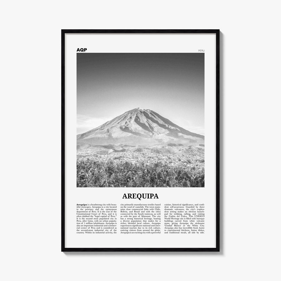 Arequipa black & white newspaper poster of Peru – vertical wall art, unframed print shown in interior mockup