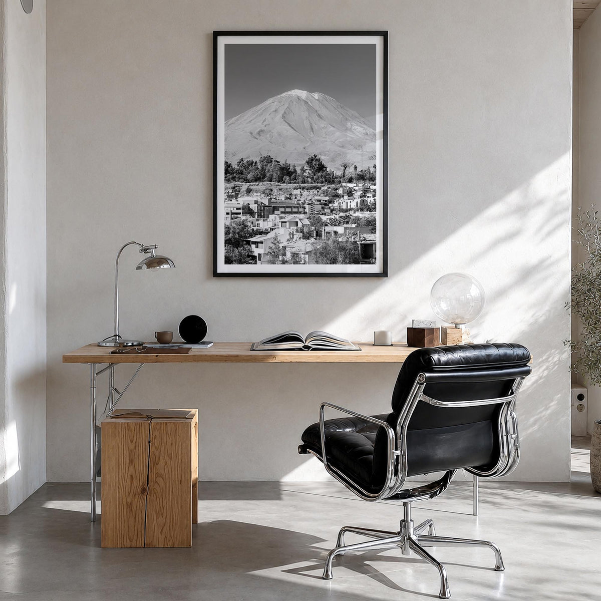 Arequipa black & white photo poster of Peru – vertical wall art in black wood frame with white border, hanging on wall