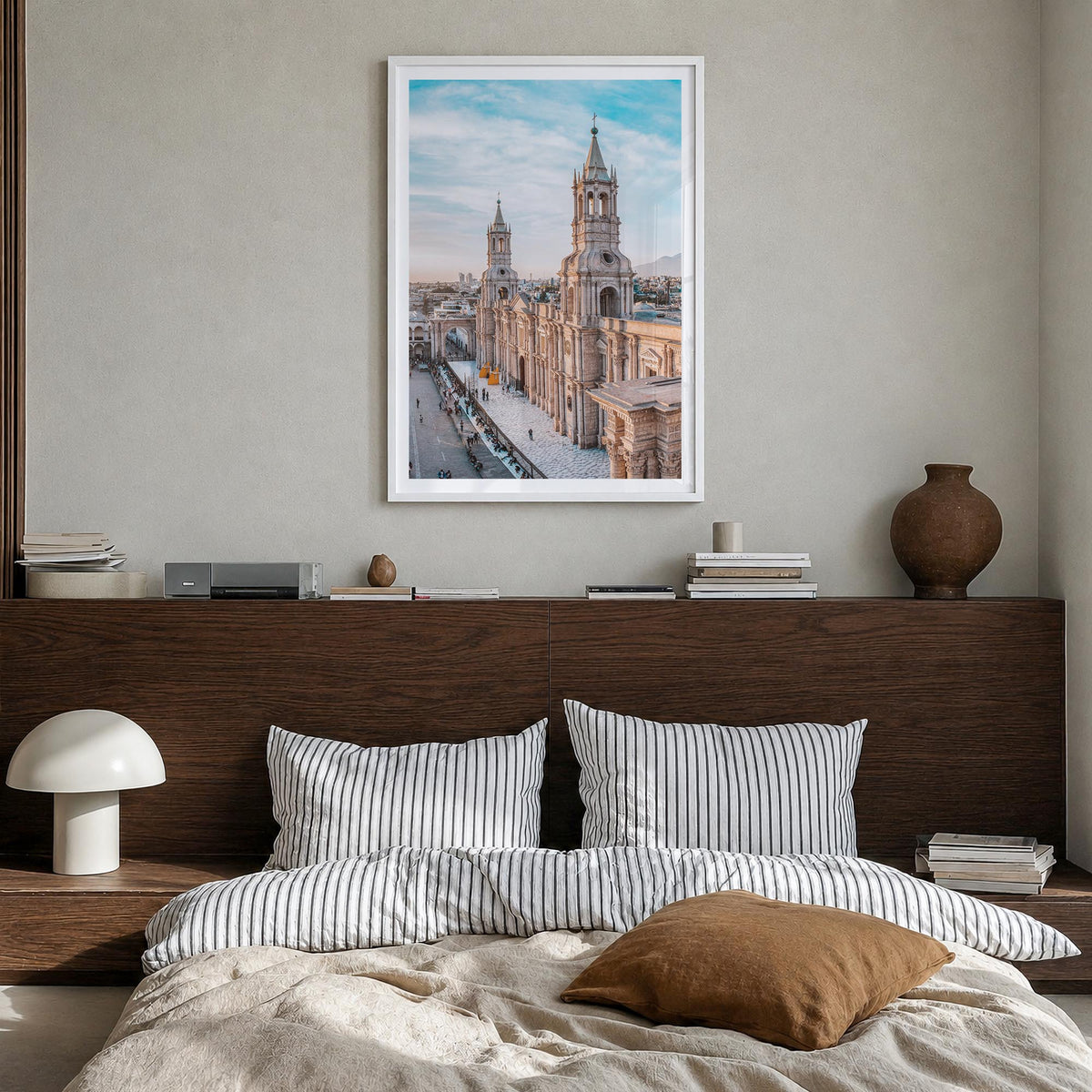 Arequipa colorful photo poster of Peru – vertical wall art in white wood frame with white border, hanging on wall