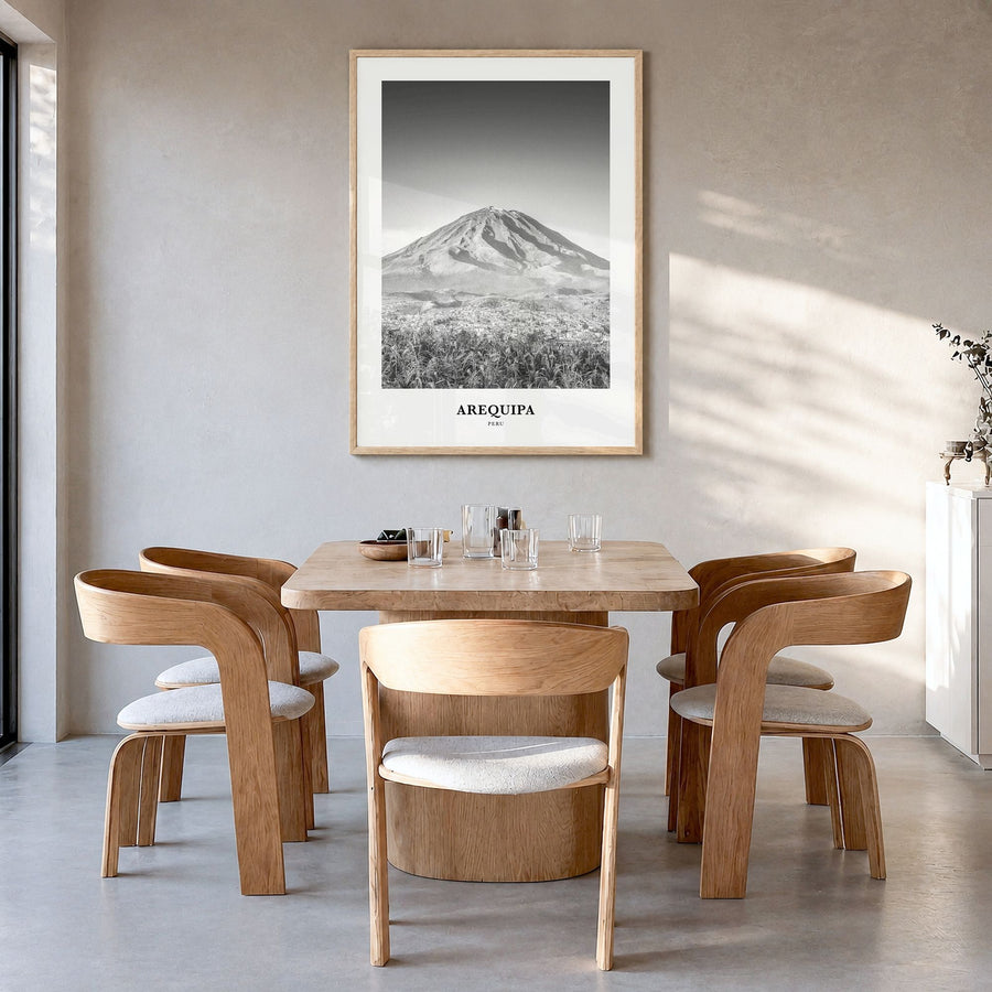 Arequipa Classic Poster in a natural wood frame, hanging in a dining room
