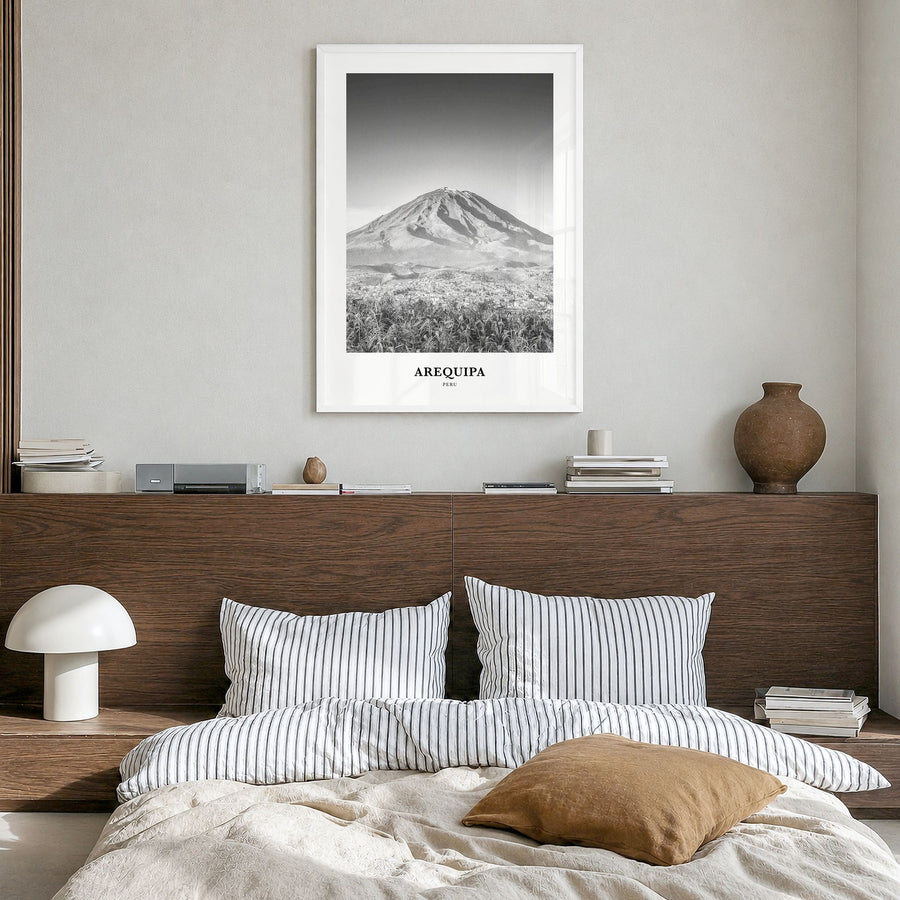 Arequipa Classic Poster in a white wood frame, hanging in a bedroom