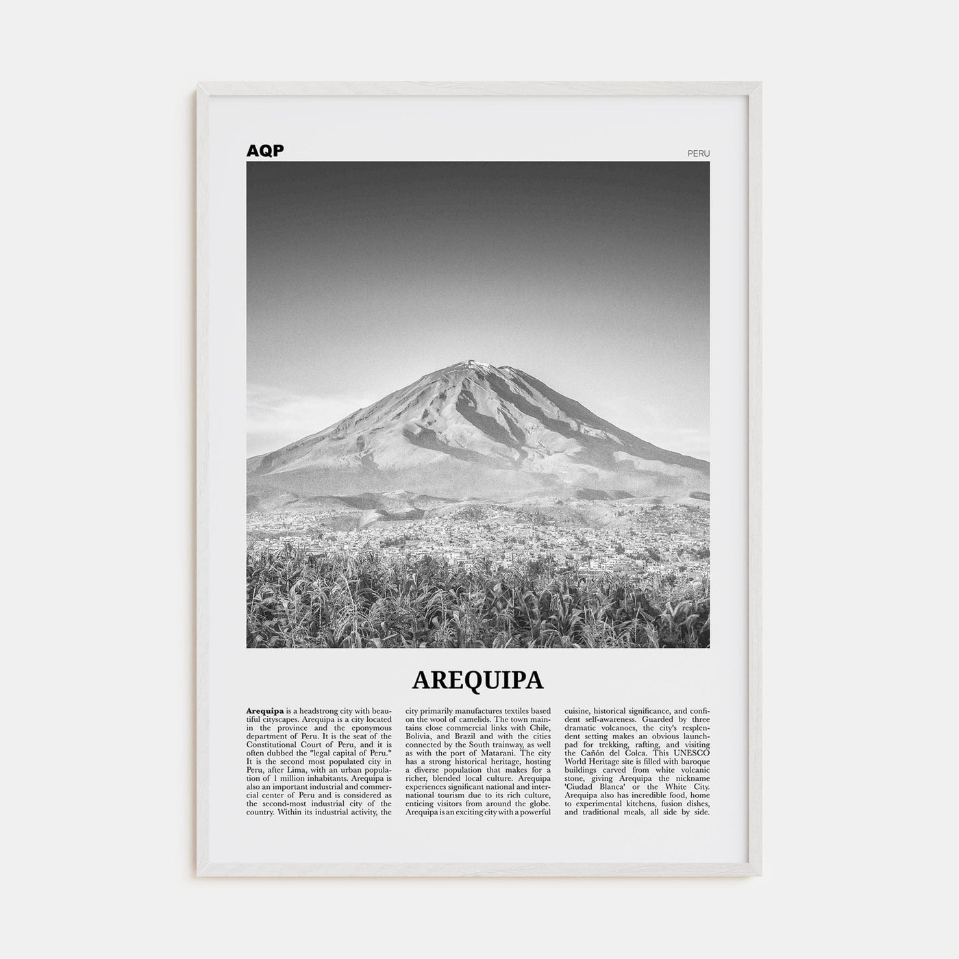 Arequipa Poster White Wood / 8x12 in Nbourhood Travel B&W Poster