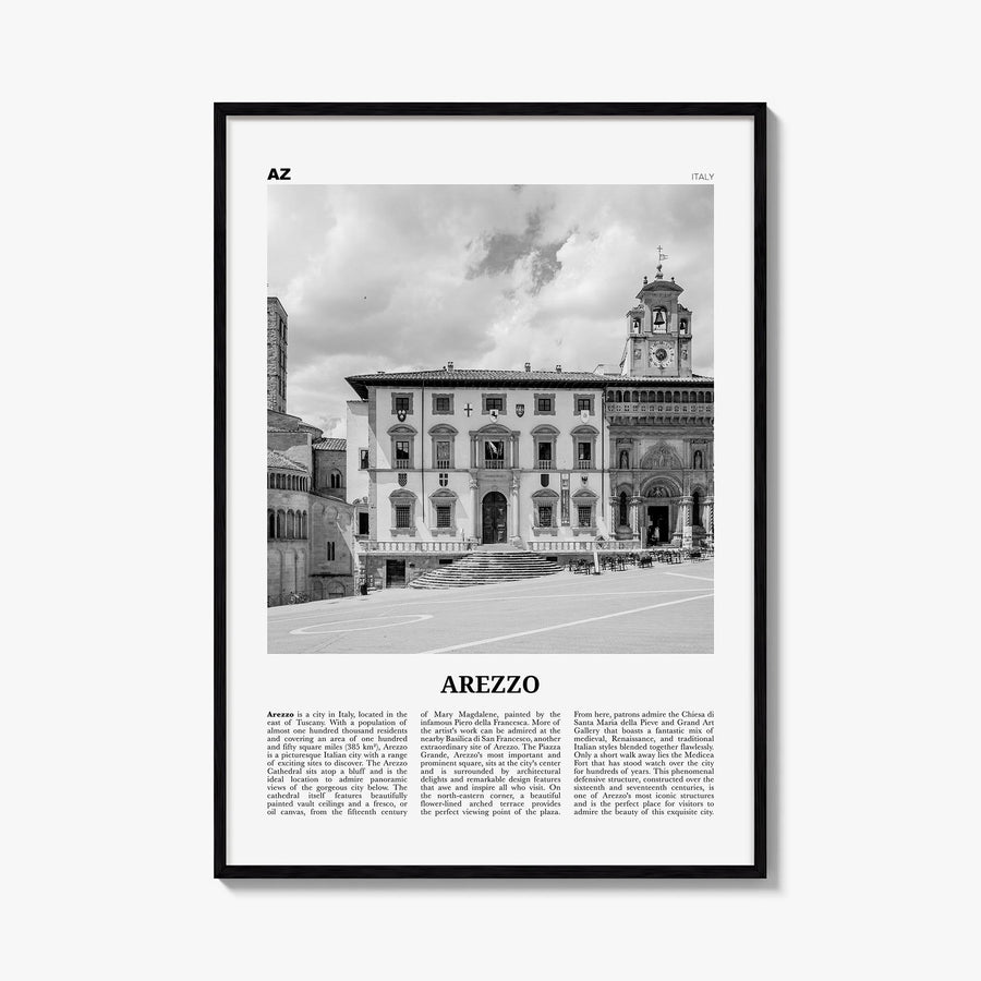 Arezzo black & white newspaper poster of Italy – vertical wall art, unframed print shown in interior mockup