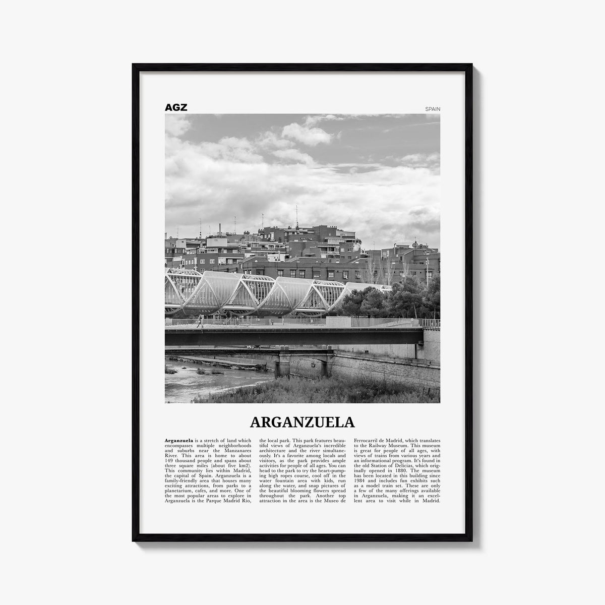 Arganzuela black & white newspaper poster of Spain – vertical wall art, unframed print shown in interior mockup
