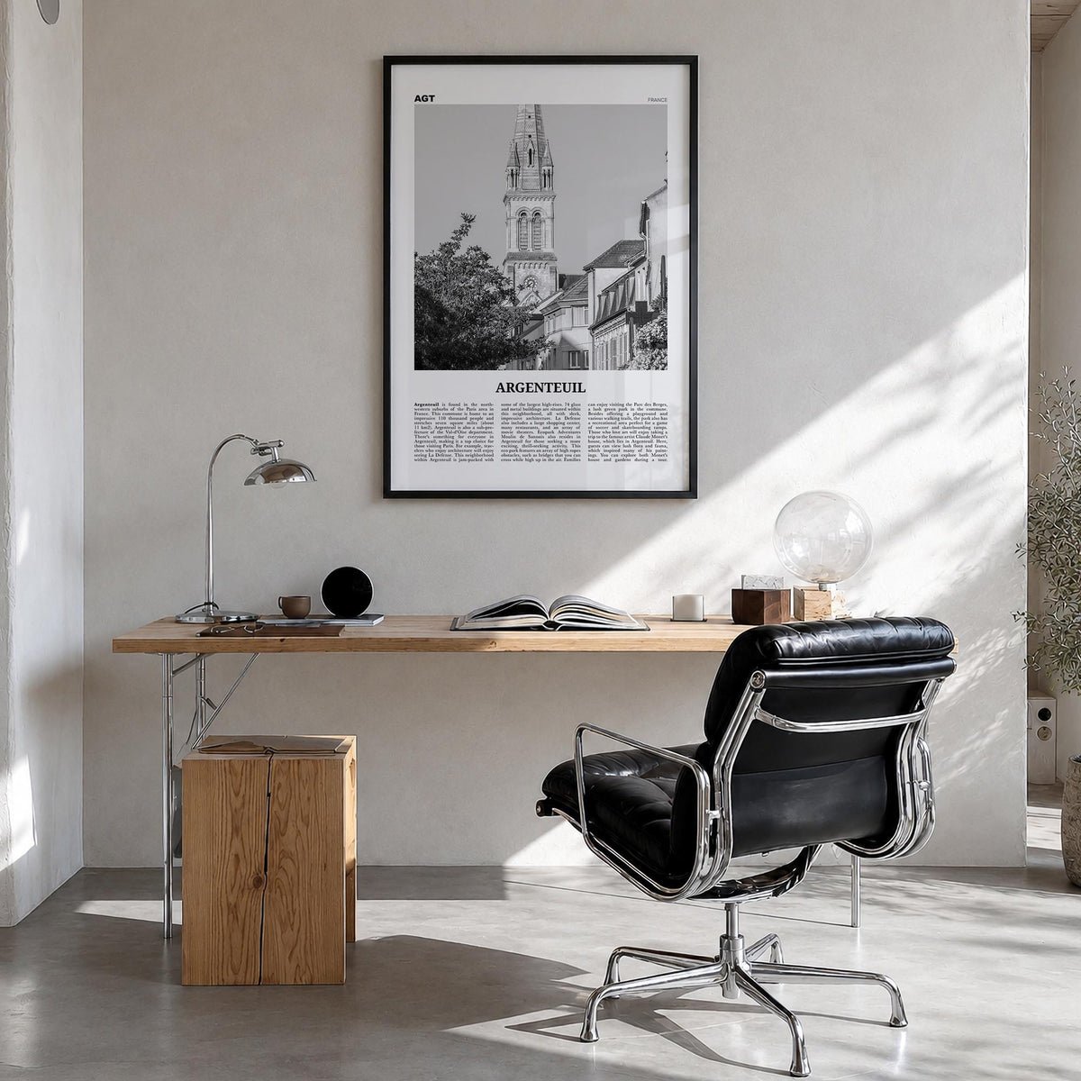 Argenteuil black & white newspaper poster of France – vertical wall art in black wood frame, hanging on wall