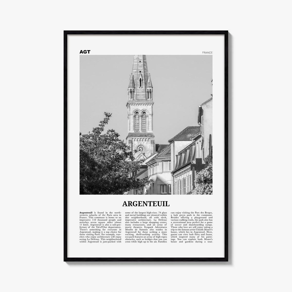Argenteuil black & white newspaper poster of France – vertical wall art, unframed print shown in interior mockup