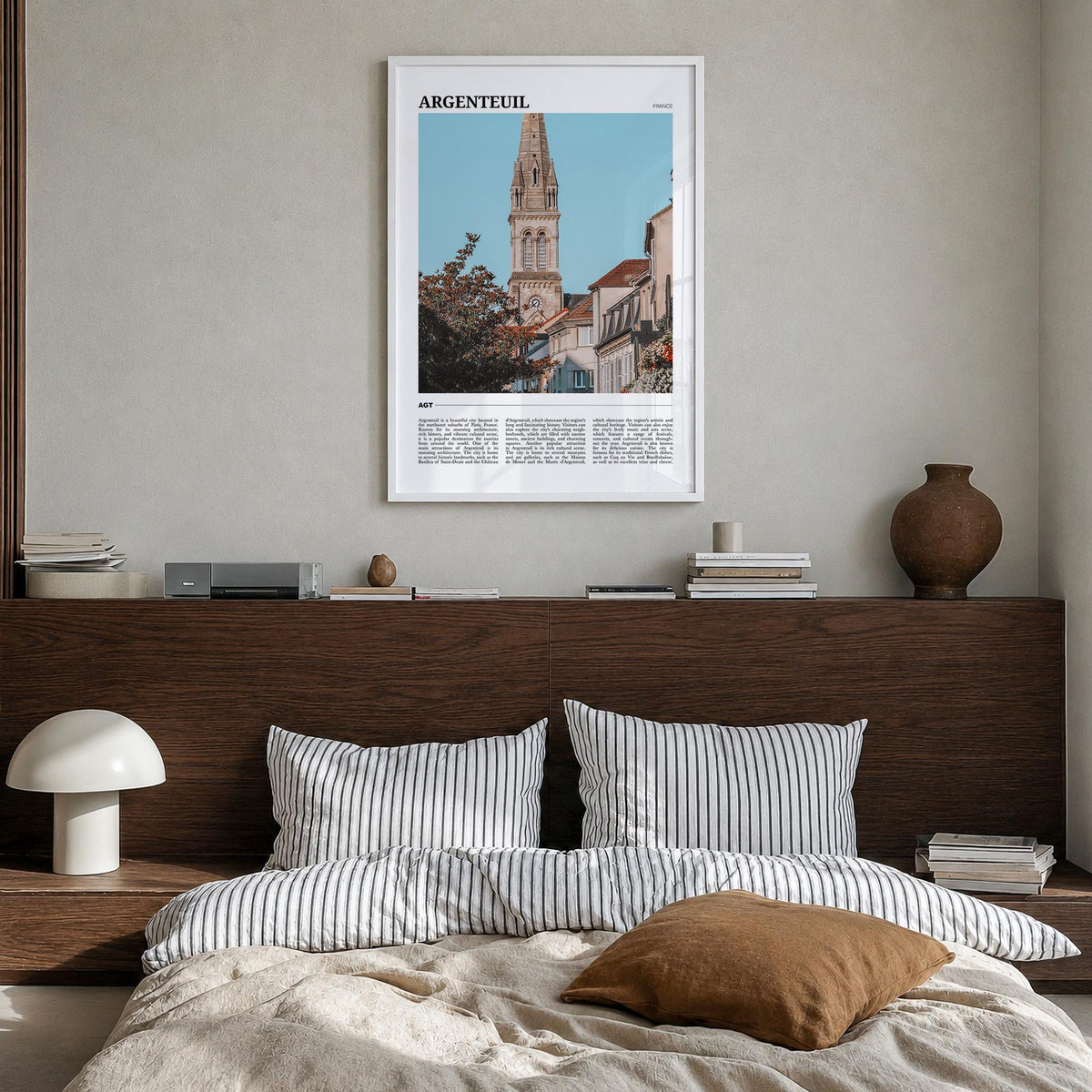Argenteuil colorful travel poster of France – vertical wall art in white wood frame, hanging on wall