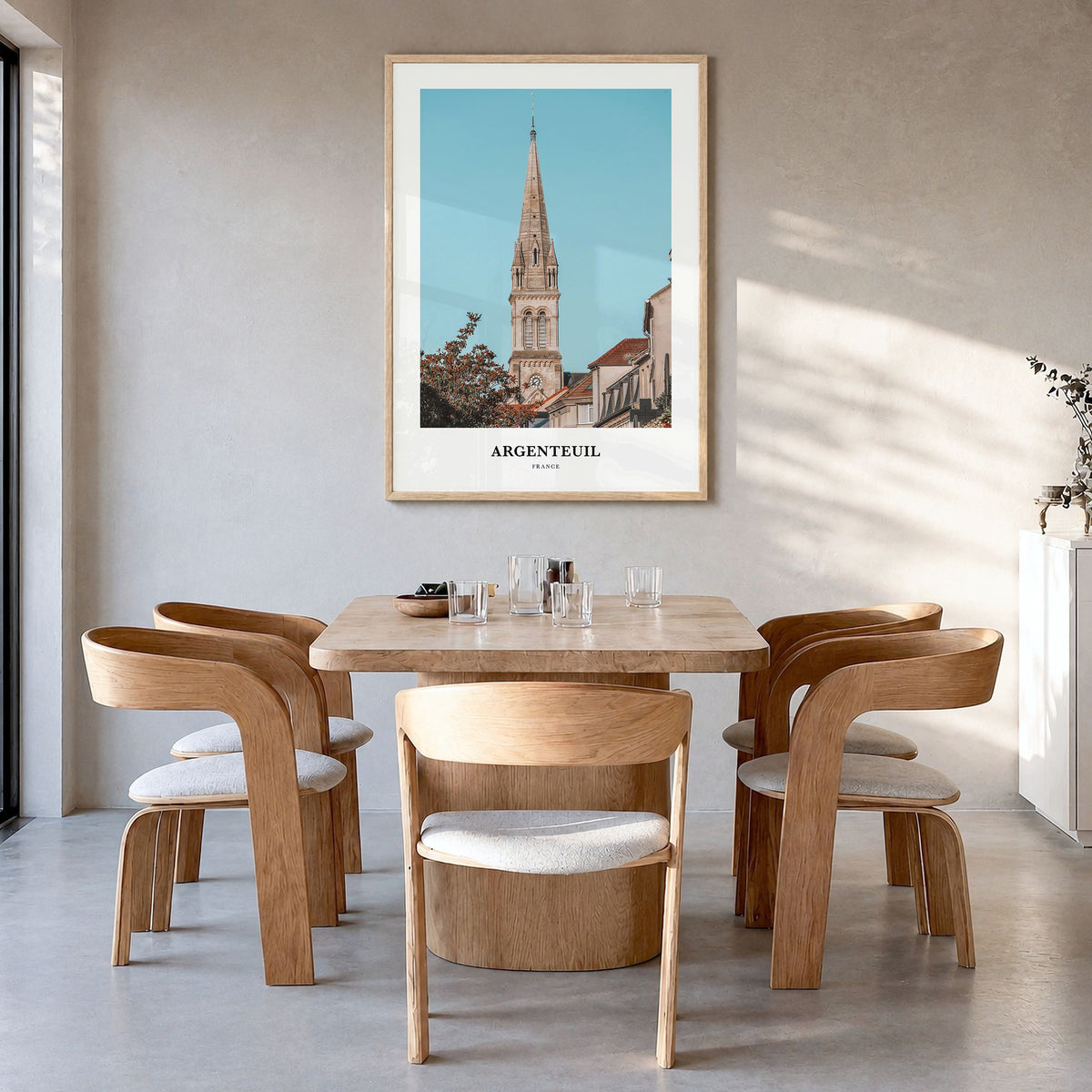 Argenteuil Classic Poster in a natural wood frame, hanging in a dining room