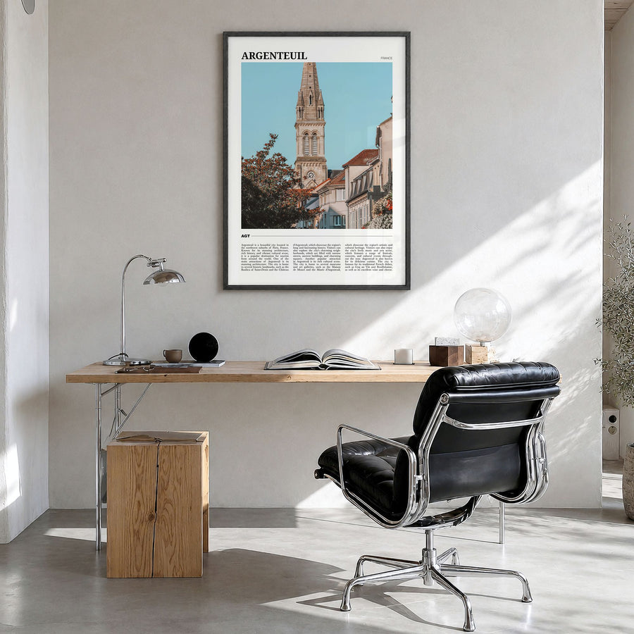 Argenteuil Travel Poster in a black wood frame, hanging in a bright home office