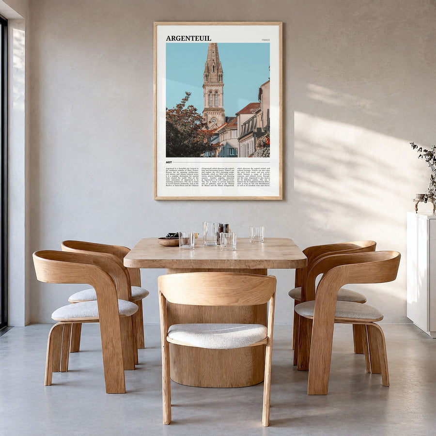 Argenteuil Travel Poster in a natural wood frame, hanging in a dining room