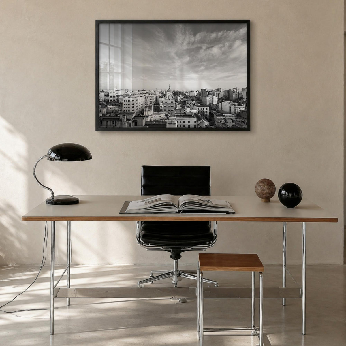 Argentina black & white photo poster of South America – horizontal wall art in black wood frame, hanging on wall