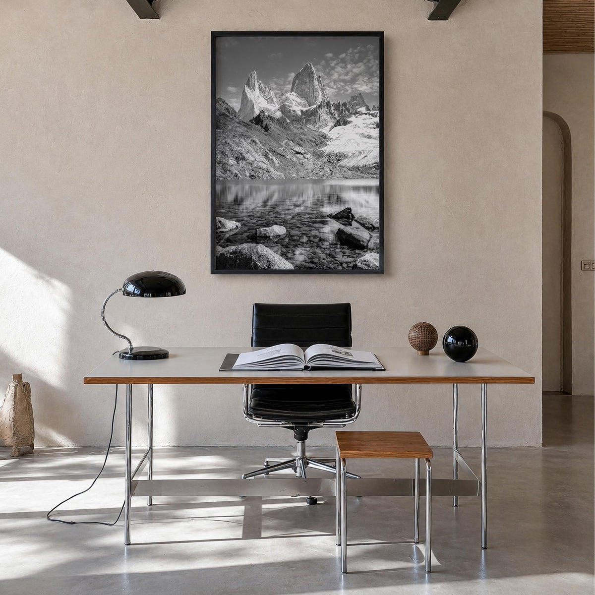 Argentina black & white photo poster of South America – vertical wall art in black wood frame, hanging on wall